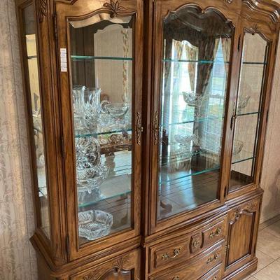 Drexel Cherbourg china cabinet, lighted with botanical theme, beveled glass, drawers lined for silverware, 82 inches tall, 64 inches...