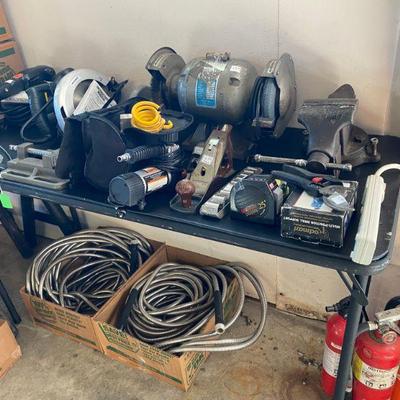 grinder vice, air compressor, skill saws, sanders, drills