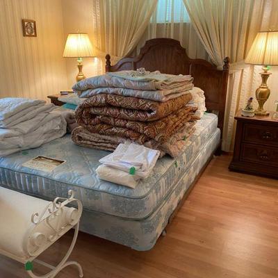 Queen size bedroom suit with matching night stands and chest, bedding for queen size bed, queen mattress box springs in excellent condition