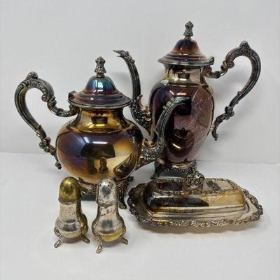 Victorian-Style Silver Tea & Coffee Pots w/ S&P Shakers & Butter Dish	