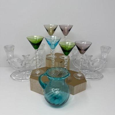 Etched Candelabras, Swirled Pitcher, & Colored Cordial Glasses	