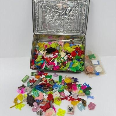 Vintage Embossed Toffee Tin Filled w/ Vintage Colorful Plastic Charms	