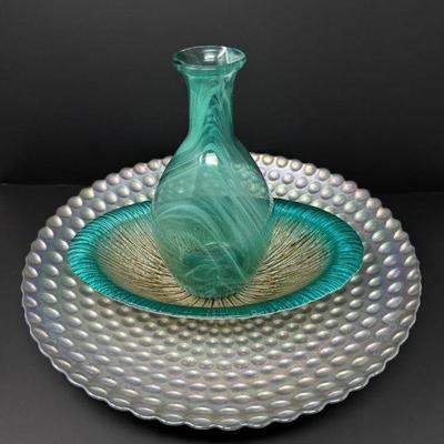 Nicole Miller Glass Vase, Beaded Platter, & Teal Decorative Bowl	