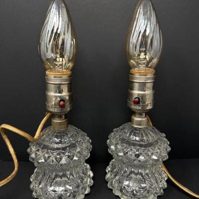 Vintage Pair of Art Deco Crystal Table Lamps w/ Swirled Glass Shades	