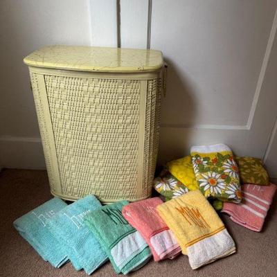 Retro Yellow Wicker Laundry Hamper w/ Gold Flecks + Vintage Towels	