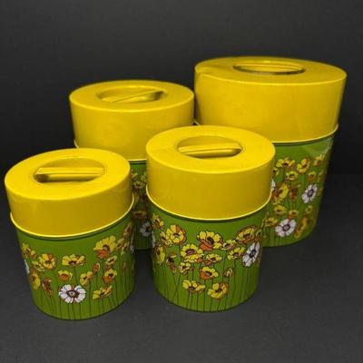 Set of 4 Vintage Yellow & Green Floral Retro Canisters	