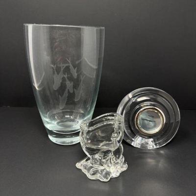 Crystal Trio: Nambe Crystal Desk Clock, Koi Fish Vase, & Pin Holder	
