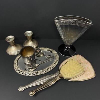 Weighted Sterling Candlesticks, Silver Baby Cup, & Spoon + Vanity Set	