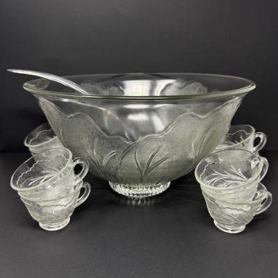 Large Indiana Glass Pebble Leaf Clear Punch Bowl + 11 Glasses	