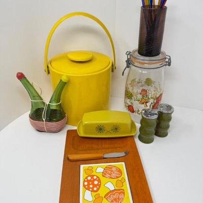 70's Entertaining Set: Yellow Vinyl Ice Bucket, Butter Dish, & More!	