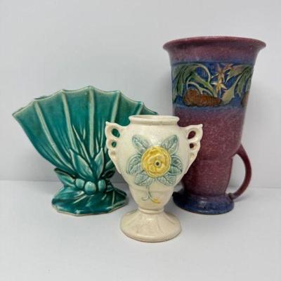 Trio of Exquisite Vintage Vases: McCoy, Roseville, & Hull	