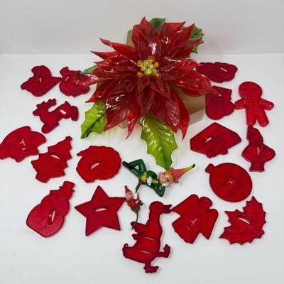 Vintage Pixie Elf Figurines, Cookie Cutters, & Poinsettia Centerpiece	
