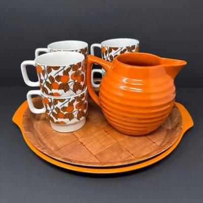 BAUER Ring Ware Orange Pitcher w/ Serving Trays & Stackable Mugs	
