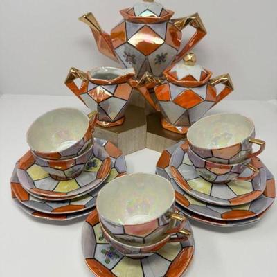20-Pc Orange & White Geometric Tea Set in Art Deco Style	
