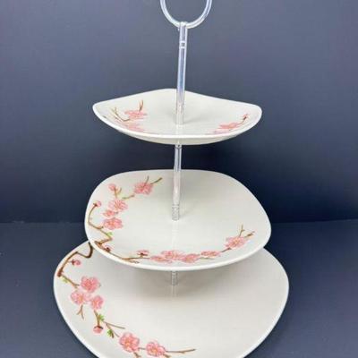 3-Tiered Poppytrail Porcelain Cake Stand w/ Pink Blossoms Design	
