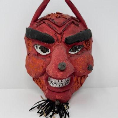 Paper Mache Devil Mask Halloween Decor - Red & Black	