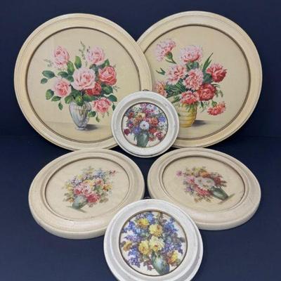 Set of 6 Round Framed Vintage Floral Prints	