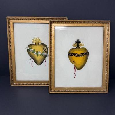 A Pair of Vintage Sacred Heart Devotional Prints in Gilded Frames	