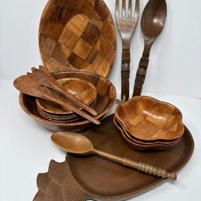 Vintage Woven Tsubaki Wood Salad Bowl Set + Wooden Pineapple Bowl Dish	