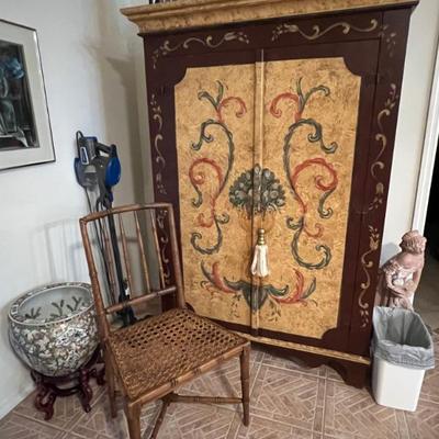 Solid Wood Storage Armoire, Chair, and Oriental Fishbowl with stand
