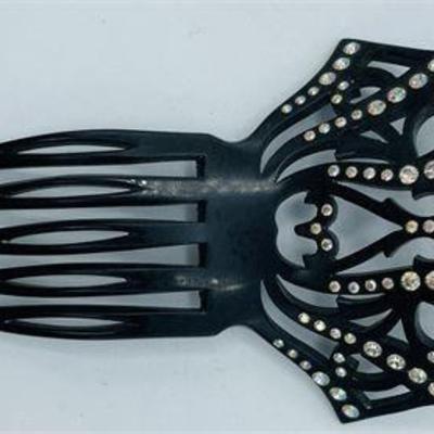 Lot 054   
Antique Black Bakelite and Rhinestone Mourning Hair Comb France