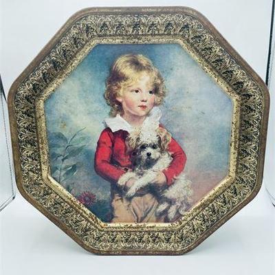 Lot 009   
Antique Toleware Octagonal Tin with Children