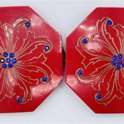 Lot 088   
Vintage Red Bakelite and Blue Rhinestone Octagonal Buckle Set