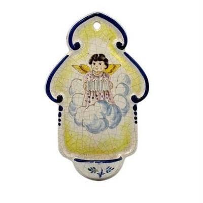 Lot 056   
Vintage Artist Signed Hand Painted Holy Water Wall Pocket With Angel