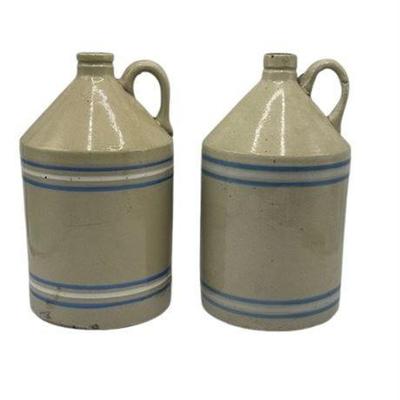 Lot 034   
Set Of Two Vintage Blue Striped Stoneware Jugs