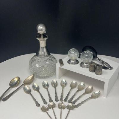 Sterling Demitasse Spoons 999 Silver Bar Glass Decanter & More