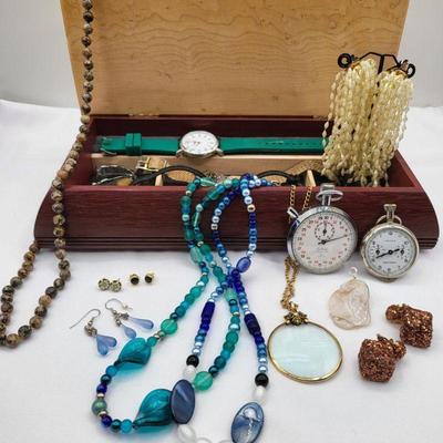 Various Vintage Jewelry & Watches, 14k Onyx Studs, Deco Box