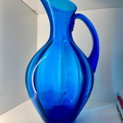 Blue Blenko Optic Ribbed Glass Pitcher.