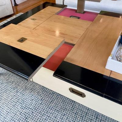 Sale Photo Thumbnail #126: Vintage Mid-Century Modern coffee table with drawers and articulating trays.