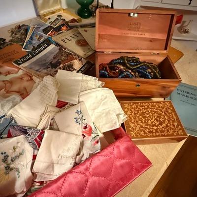Vintage handkerchiefs, jewelry boxes, and memorabilia 