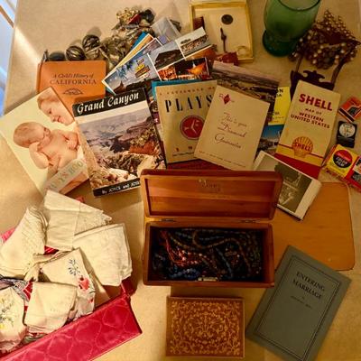 Vintage handkerchiefs, jewelry boxes, and memorabilia 