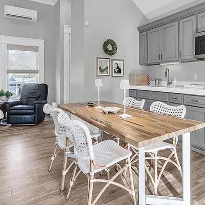 NATURAL WOODBLOCK METAL TRUSSES TABLE WITH WHITE WOVEN AND TRUSS SIDE CHAIRS