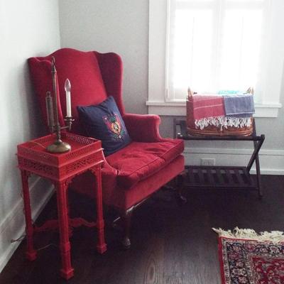 HICKORY CHAIR RED VELVET AND ORIENTALIA RED LACQUER ORNATE SMALL TABLE 