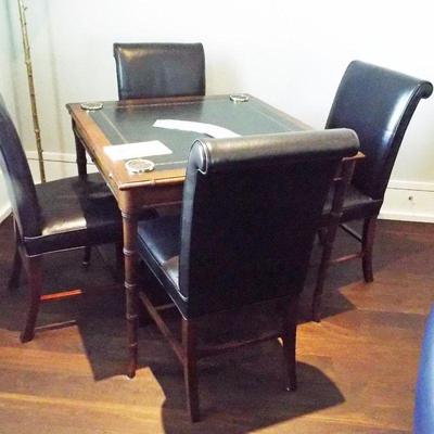 ARHAUS LEATHER LIKE SIDE CHAIRS AND VINTAGE LEATHER INSERT BAMBOO DESIGN GAME TABLE 