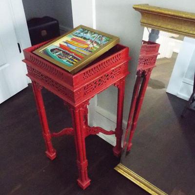 RED LACQUER ORIENTALIA ORNATE DESIGN PEDESTAL STAND