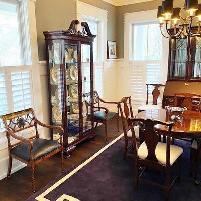 DINING ROOM WITH MAHOGANY CHIPPENDAL AND QUEEN ANNE FURNITURE. JASPER CABINET CURIO WITH GLASS IS EXCEPTIONAL