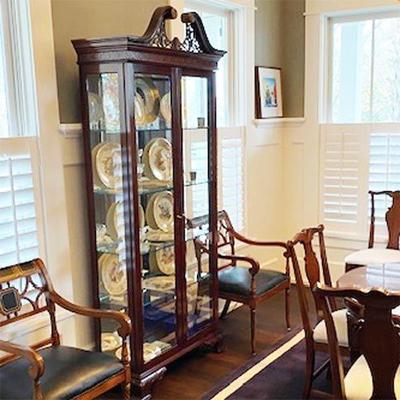 JASPER CABINETRY MAHOGANY FRETWOORK AND BROKEN PEDIMENT TOP WITH GLASS DOORS AND SIDE AND GLASS SHELVES
