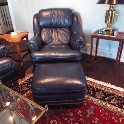 HANCOCK AND MOORE NAVY LEATHER NAILHEAD TRIM CHAIR AND OTTOMAN