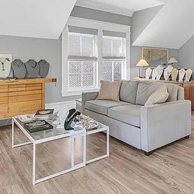 GREY LINEN TWO SEAT SOFA WITH WHITE METAL AND GLASS NESTING TABLES