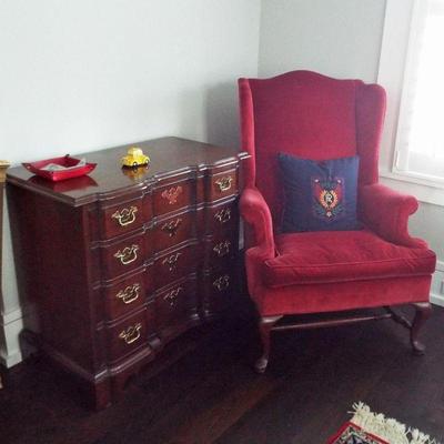 CHIPPENDALE BLOCK FRONT SMALL CHEST OF DRAWERS AND HICKORY CHAIR RED VELVET WING CHAIR
