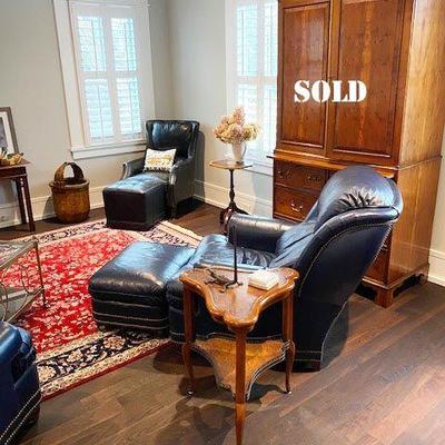 HANCOCK AND MOORE NAVAL BLUE LEATHER WITH NAILHEAD TRIM COMFGY CHAIR AND OTTOMAN (THE CLOTHES PRESS IS NOT FOR SALE)