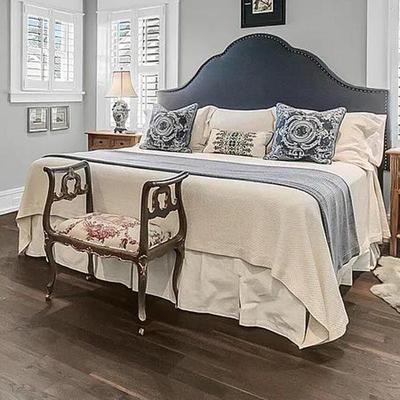 CUSTOM MADE BLUE LINEN SHAPED KING SIZE BED, SOUTHWOOD CHIPPENDALE CAMEL BACK SOFA, GREAT GRNADMOTHERS ORNATE ART NOUVEAU ARMED BENCH