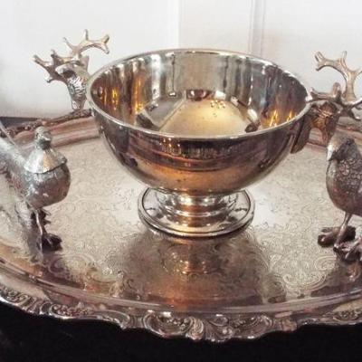 ELK HEAD SILVERPLATE BOWL, SILVERPLATE TRAY AND TWO SILVERPLATE PHEASANTS
