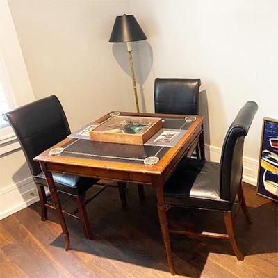 VINTAGE LEATHER INSET BAMBOO DETAIL GAME TABLE WITH 4 ARHAUS CHAIRS 