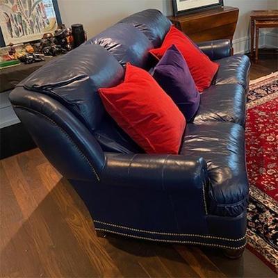 HANCOCK & MOORE NAVAL BLUE LEATHER NAILHEAD TRIM THREE SEAT SOFA
