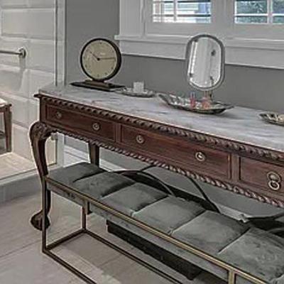 ENTRY VINTAGE MAHOGANY LONG CABRIOLE TWO-SIDED SOFA TABLE / DESK W/LEATHER TEXTURED CARRARA MARBLE TOP
